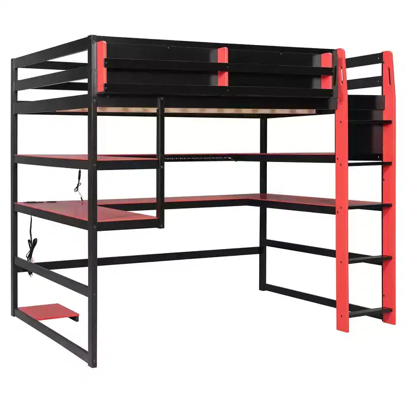 Wood and MDF Full Size Gaming Loft Bed with Lighted Desk Bookcase and Charging Outlets 56.7''x77.8''x66.9''