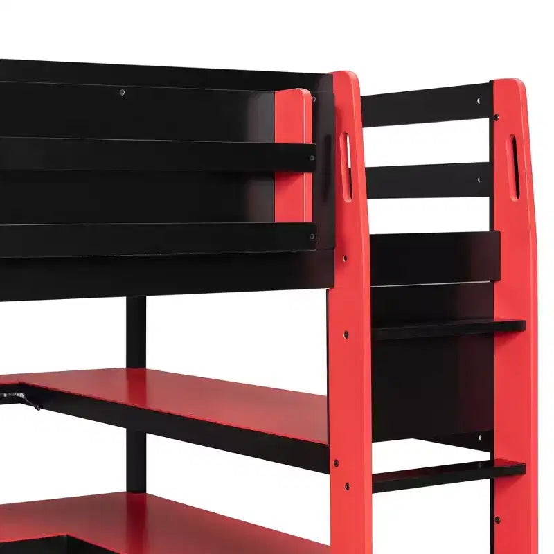 Letto a soppalco da gioco in legno e MDF di dimensioni standard con scrivania illuminata, libreria e prese di ricarica 56.7''x77.8''x66.9''