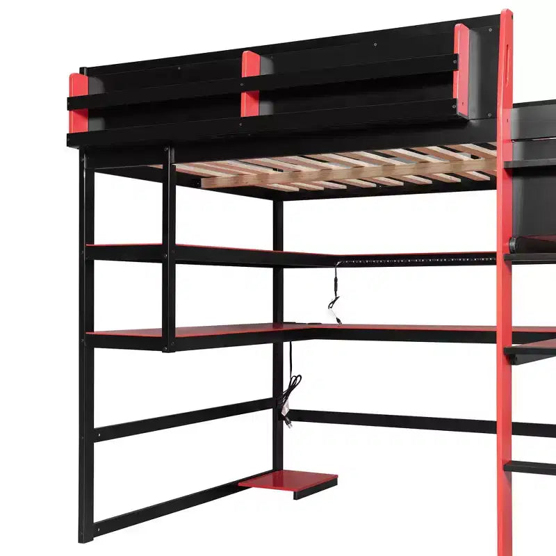 Letto a soppalco da gioco in legno e MDF di dimensioni standard con scrivania illuminata, libreria e prese di ricarica 56.7''x77.8''x66.9''