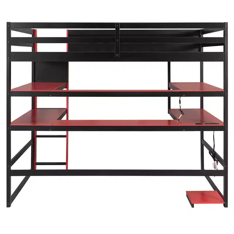 Letto a soppalco da gioco in legno e MDF di dimensioni standard con scrivania illuminata, libreria e prese di ricarica 56.7''x77.8''x66.9''