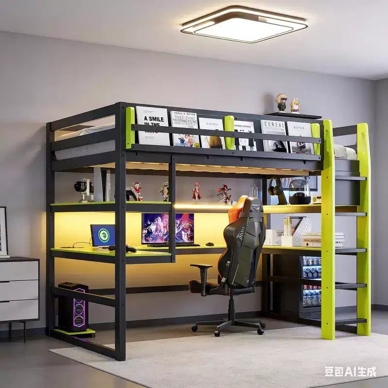 Wood and MDF Full Size Gaming Loft Bed with Lighted Desk Bookcase and Charging Outlets 56.7''x77.8''x66.9''