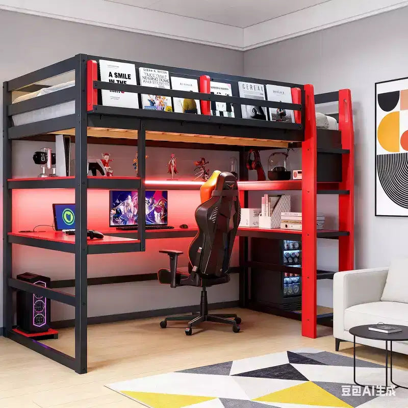 Wood and MDF Full Size Gaming Loft Bed with Lighted Desk Bookcase and Charging Outlets 56.7''x77.8''x66.9''
