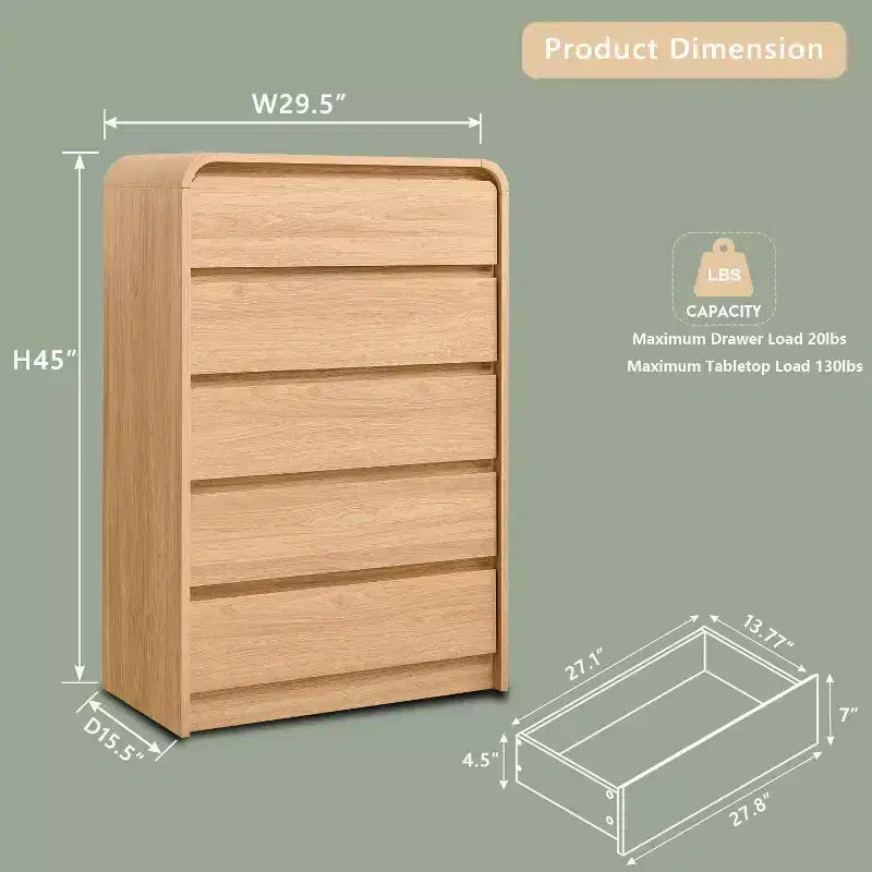 Cassettiera 5 cassetti in MDF con profilo curvo Rovere Naturale H114cm