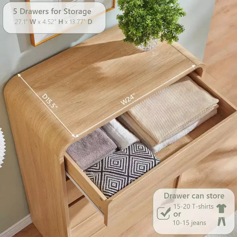 MDF 5-Drawer Dresser with Curved Profile Natural Oak 45''H