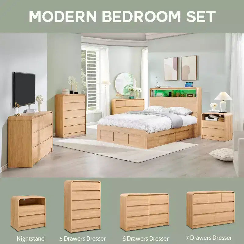 Cassettiera 5 cassetti in MDF con profilo curvo Rovere Naturale H114cm