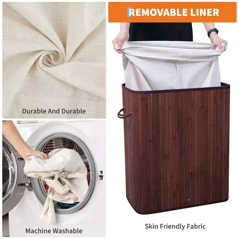 Cesto portabiancheria pieghevole in bambù con coperchio e fodera lavabile da 104 litri 52x32x63 cm
