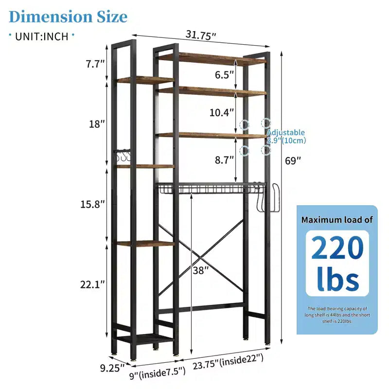 Scaffale contenitore sopra WC a 8 ripiani in MDF con scaffale laterale e cestello di scarico
