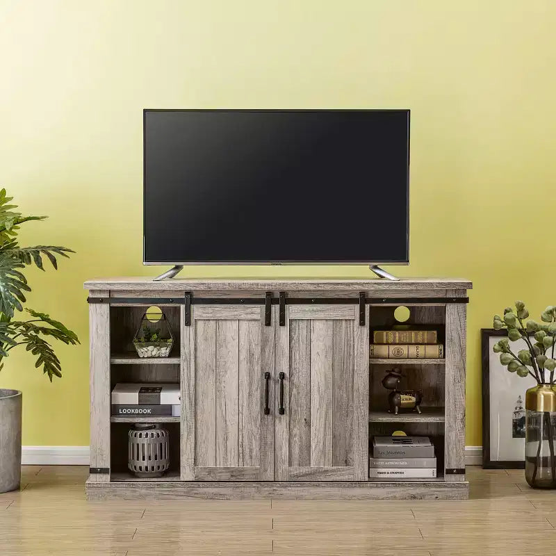 Mobile TV con Caminetto Elettrico e Ante Scorrevoli, per TV fino a 60", Quercia Grigia Antica - Elementi Essenziali per la Casa: MDF e Componenti in Nichel, Gestione Cavi