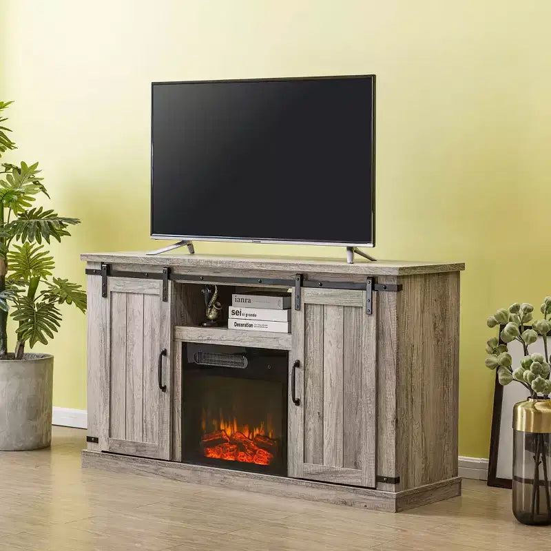 Mobile TV con Caminetto Elettrico e Ante Scorrevoli, per TV fino a 60", Quercia Grigia Antica - Elementi Essenziali per la Casa: MDF e Componenti in Nichel, Gestione Cavi