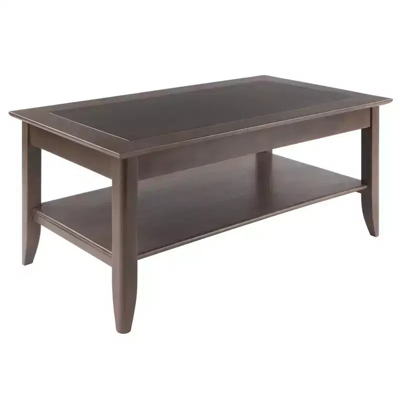 Tavolino rettangolare con ripiano inferiore e intarsio in legno, grigio ostrica