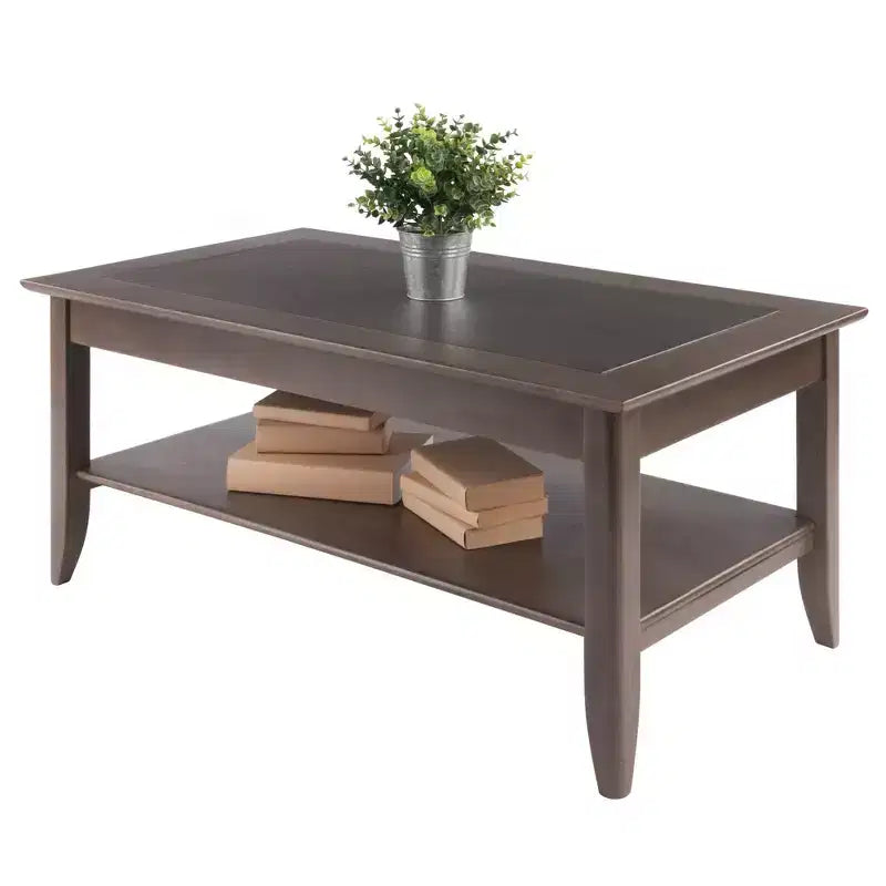 Tavolino rettangolare con ripiano inferiore e intarsio in legno, grigio ostrica