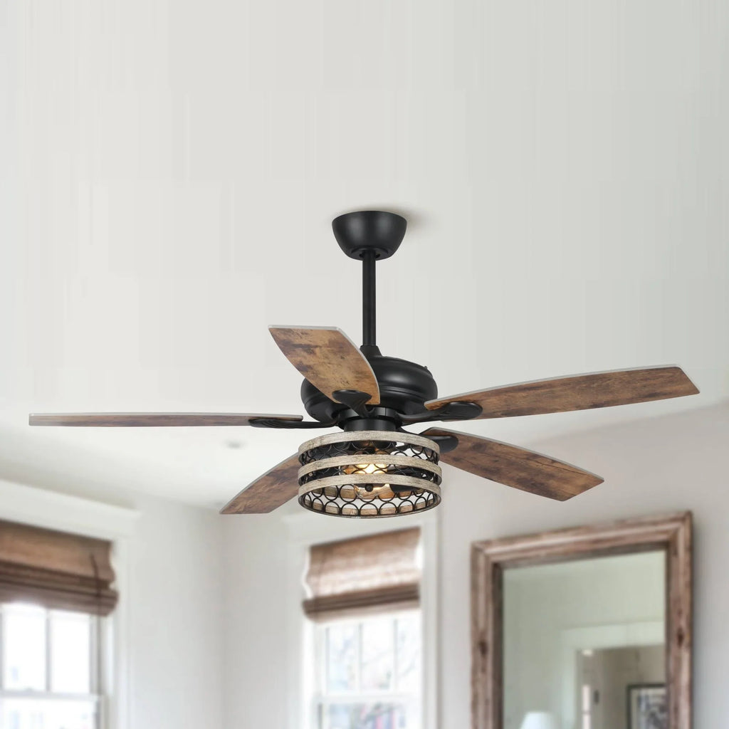 Ventilatore da soffitto da 52 pollici Farmhouse Driftwood a 5 pale, nero, con gabbia, con telecomando