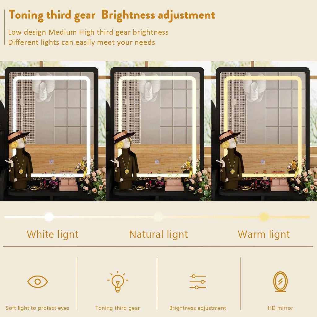 Tavolo da Trucco con Luci a LED, Specchio e Sgabello