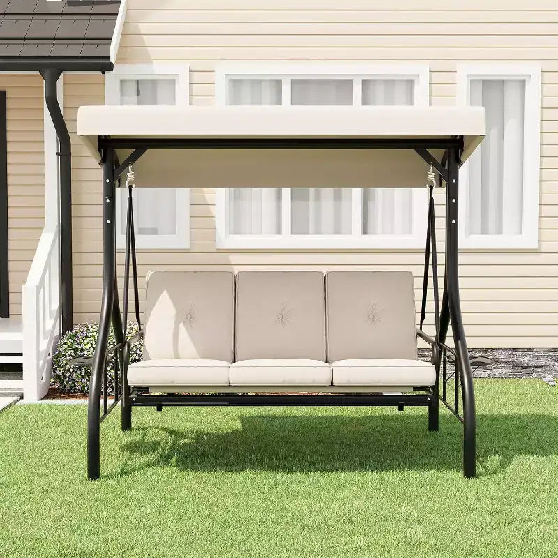 Dondolo da Esterno 2 in 1 Convertibile a 3 Posti con Tettuccio Regolabile, Letto a Dondolo da Patio con Struttura, Cuscini Spessi e Portabicchieri, per Cortile, Giardino, Portico