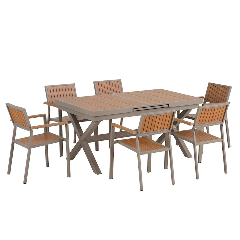 Set da pranzo da esterno allungabile a 7 pezzi con tavolo allungabile e 6 sedie con braccioli