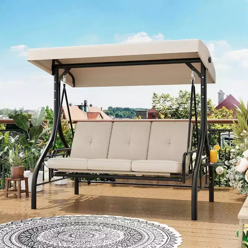 Dondolo da Esterno 2 in 1 Convertibile a 3 Posti con Tettuccio Regolabile, Letto a Dondolo da Patio con Struttura, Cuscini Spessi e Portabicchieri, per Cortile, Giardino, Portico