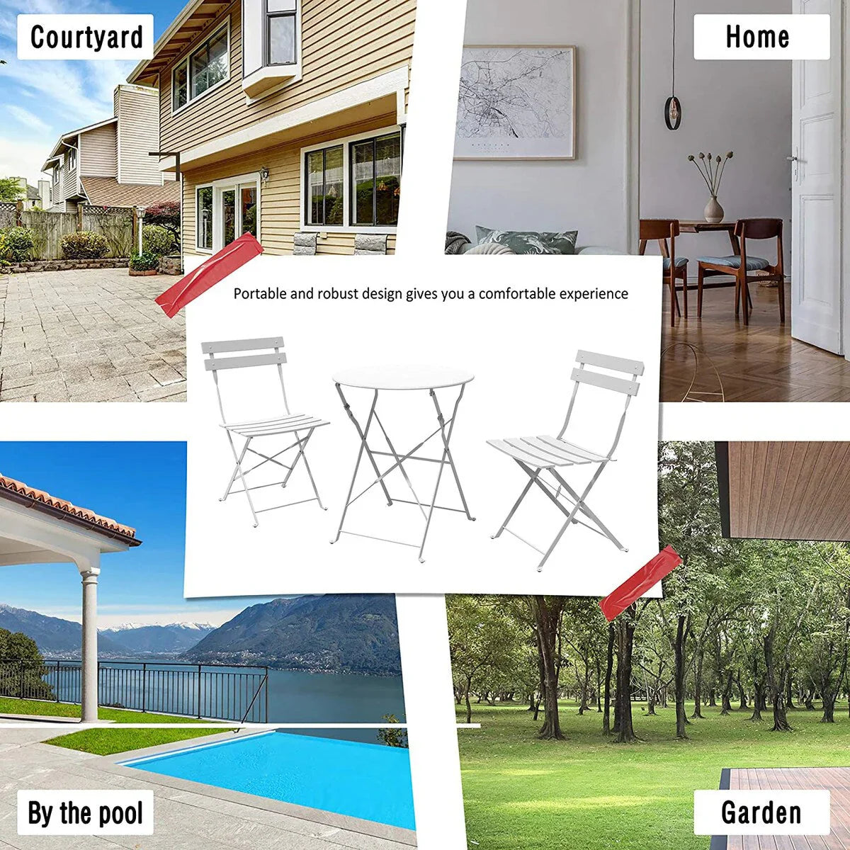 Set bistro pieghevole in metallo da 3 pezzi, set conversazione resistente alle intemperie per esterni/interni, per patio, cortile, giardino
