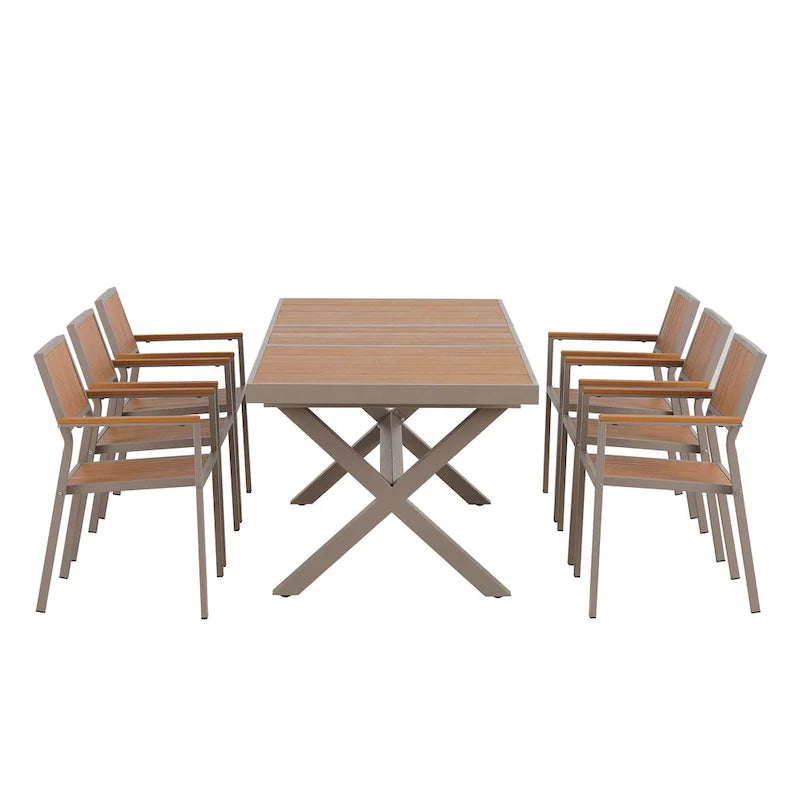 Set da pranzo da esterno allungabile a 7 pezzi con tavolo allungabile e 6 sedie con braccioli