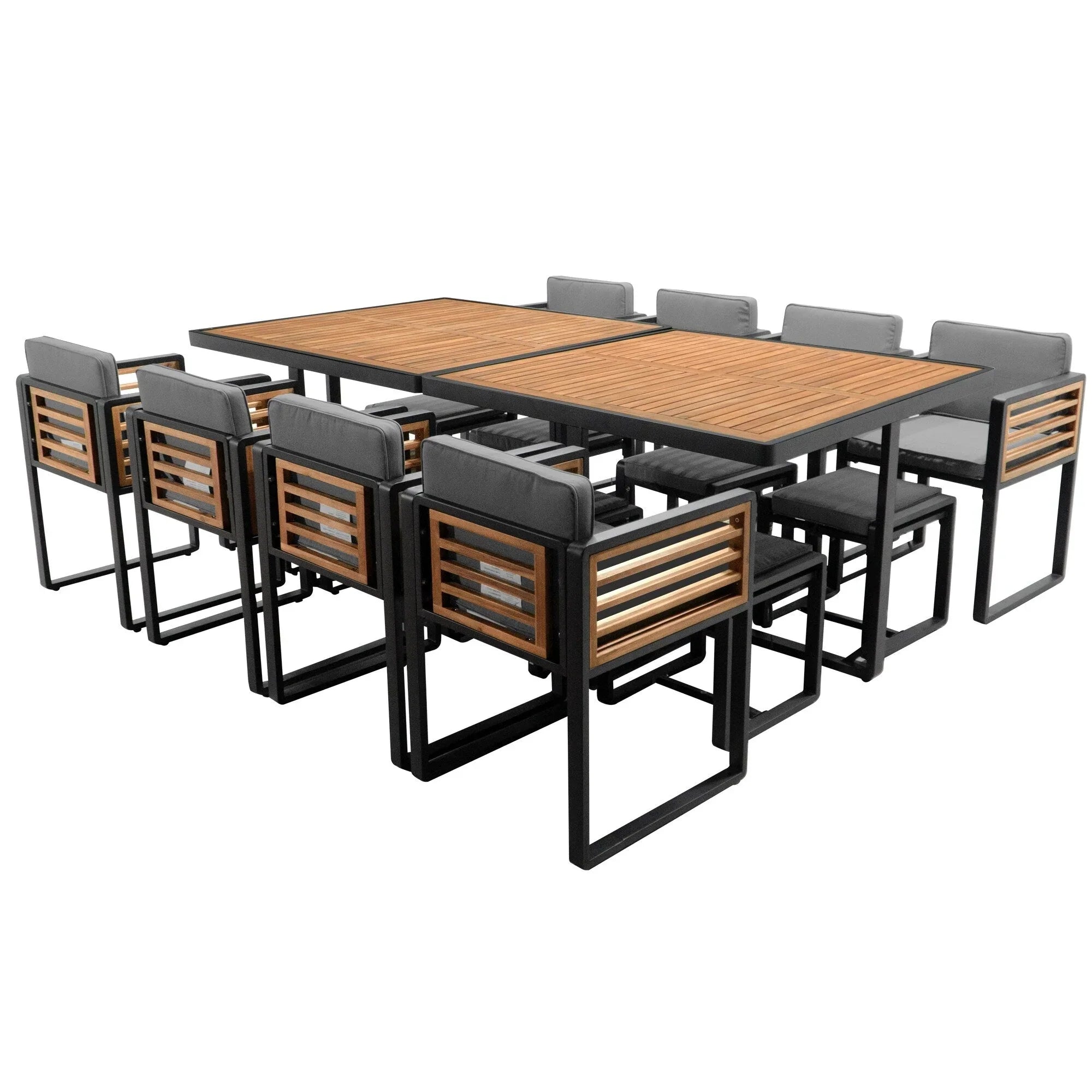 Set da pranzo da esterno in legno di acacia da 18 pezzi, 8 sedie imbottite e 8 pouf e 2 tavoli quadrati