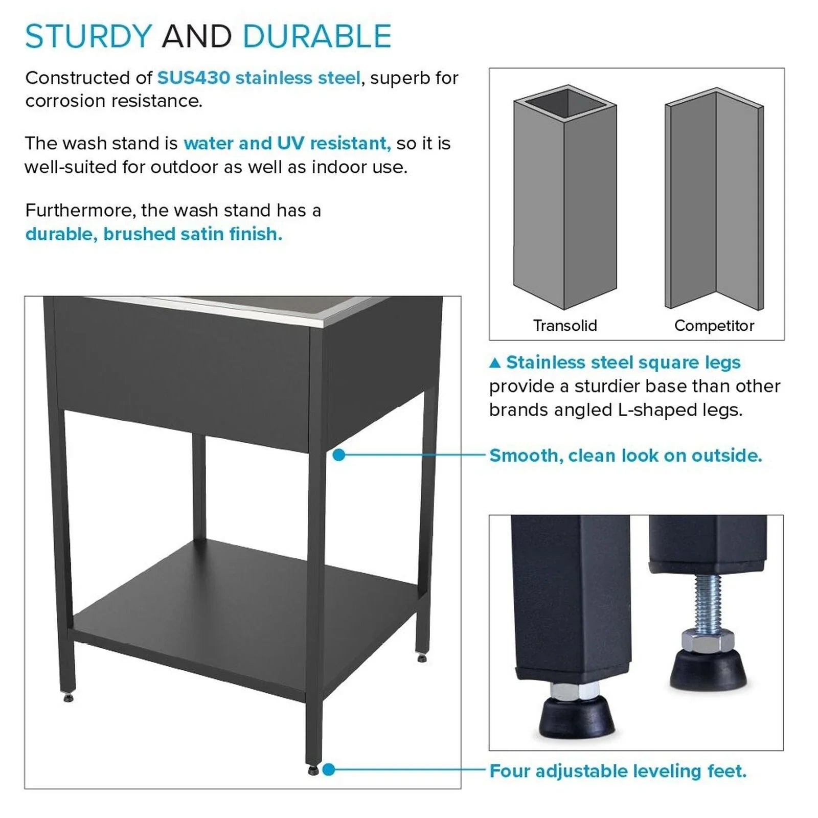 Lavello per bucato e supporto Transolid EWS-2422S in acciaio inossidabile, 24" L x 22" P x 35" A - 24" x 22"