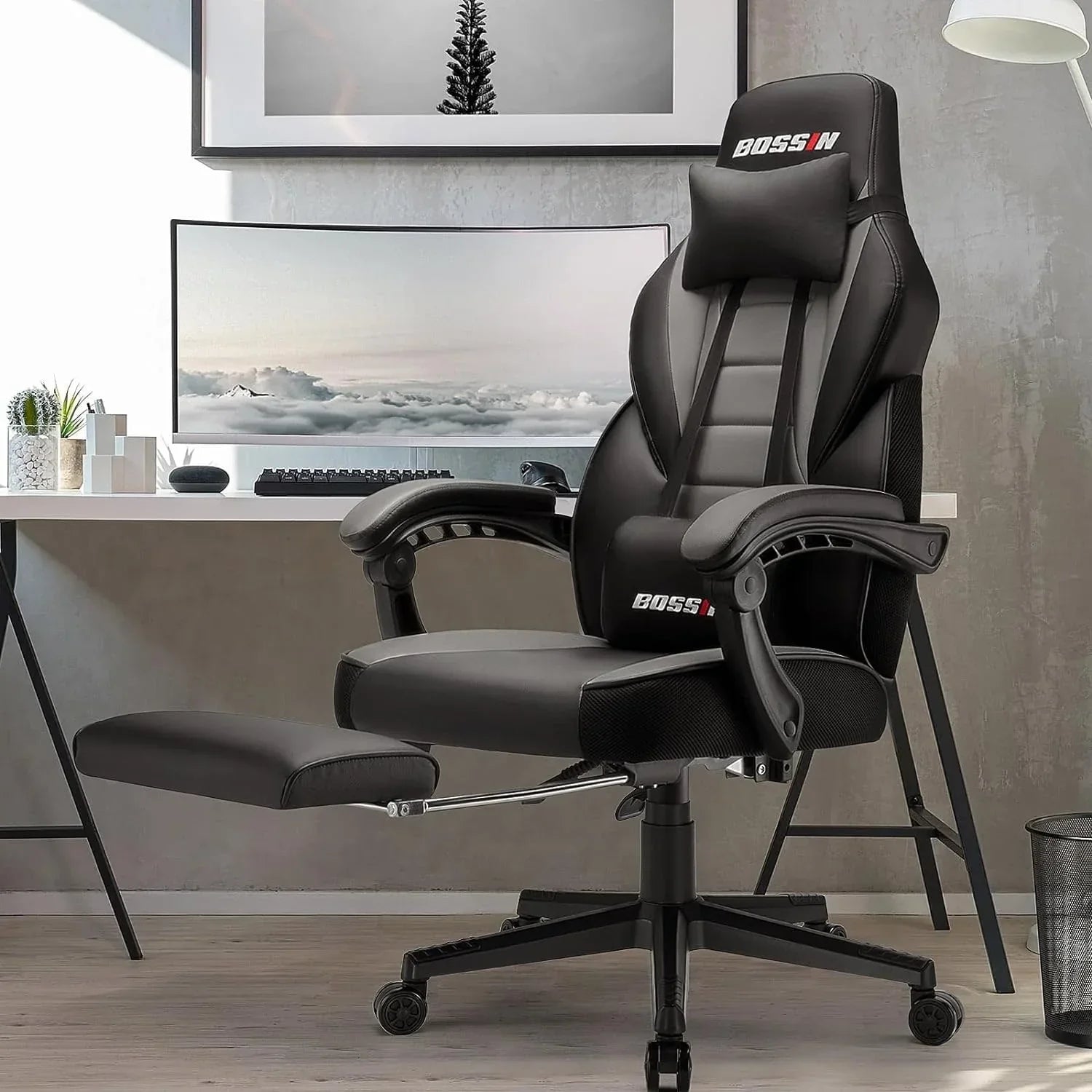 Sedia da gaming BOSSIN Racing Style, sedia da gamer per persone robuste fino a 136 kg, sedia da computer con schienale alto