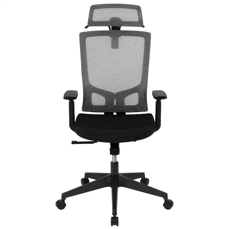 Sedia da ufficio ergonomica in rete con meccanismo synchro-tilt, poggiatesta regolabile e girevole, supporto lombare, appendiabiti e braccioli regolabili