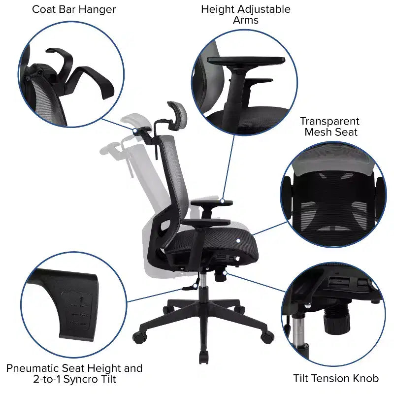 Sedia da ufficio ergonomica in rete con meccanismo synchro-tilt, poggiatesta regolabile e girevole, supporto lombare, appendiabiti e braccioli regolabili