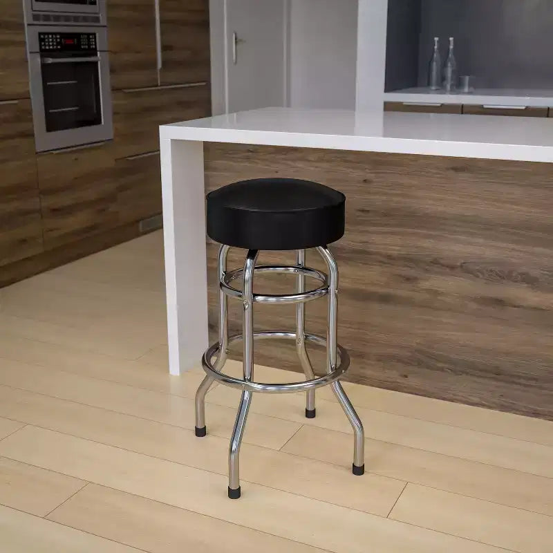 Sgabello da bar per sala da pranzo cromato con doppio anello, senza schienale, stile retrò – Stile ristorante
