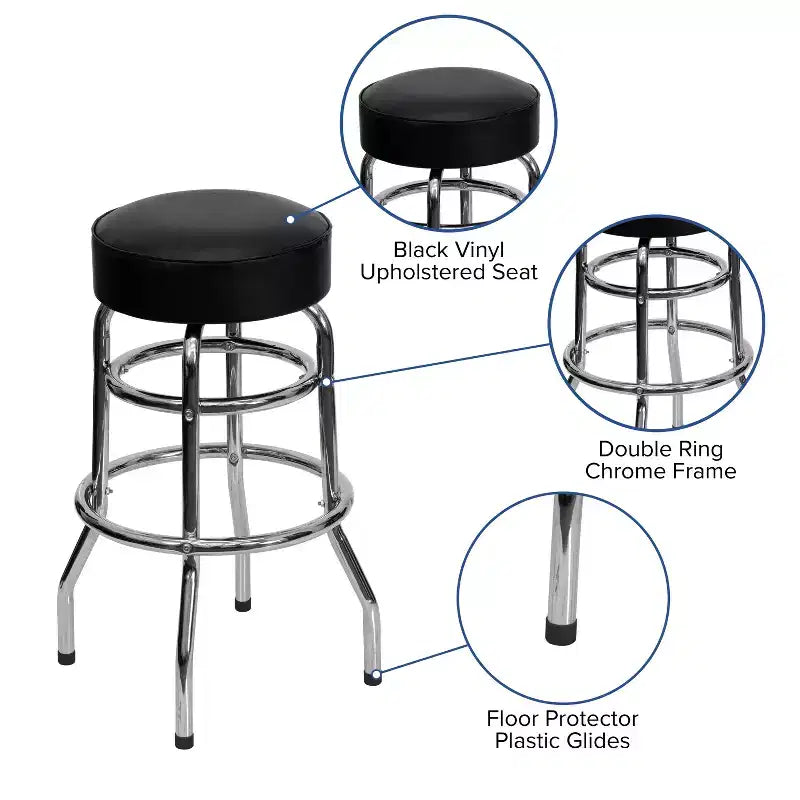 Sgabello da bar per sala da pranzo cromato con doppio anello, senza schienale, stile retrò – Stile ristorante