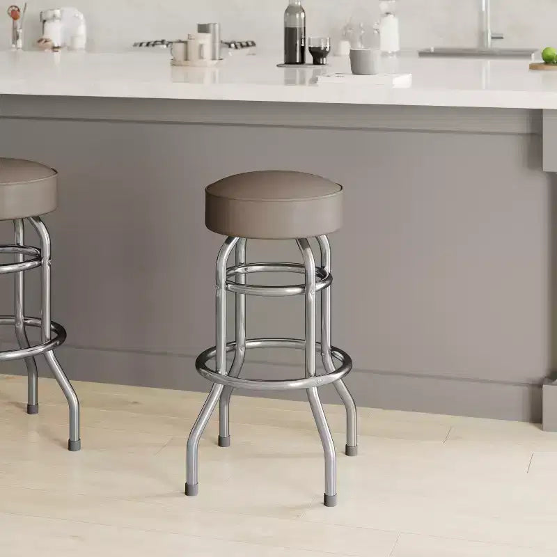 Sgabello da bar per sala da pranzo cromato con doppio anello, senza schienale, stile retrò – Stile ristorante