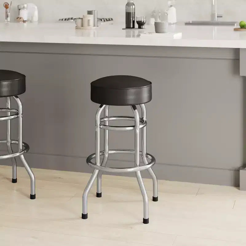 Sgabello da bar per sala da pranzo cromato con doppio anello, senza schienale, stile retrò – Stile ristorante