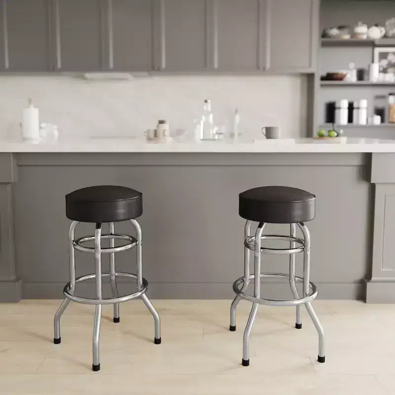 Sgabello da bar per sala da pranzo cromato con doppio anello, senza schienale, stile retrò – Stile ristorante