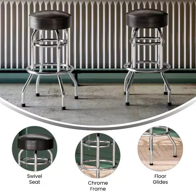 Sgabello da bar per sala da pranzo cromato con doppio anello, senza schienale, stile retrò – Stile ristorante