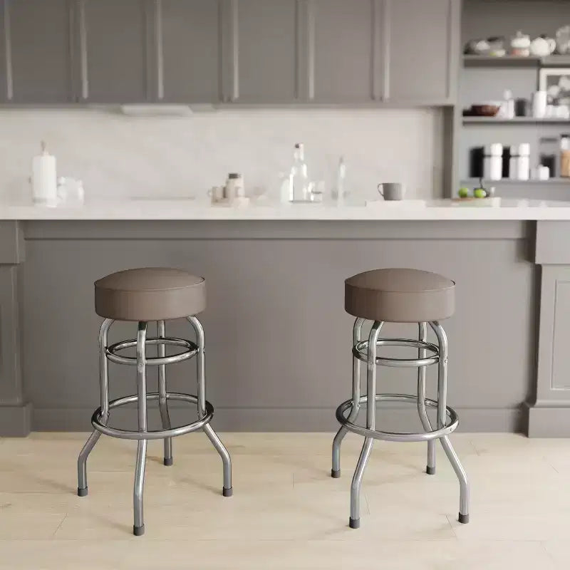 Sgabello da bar per sala da pranzo cromato con doppio anello, senza schienale, stile retrò – Stile ristorante