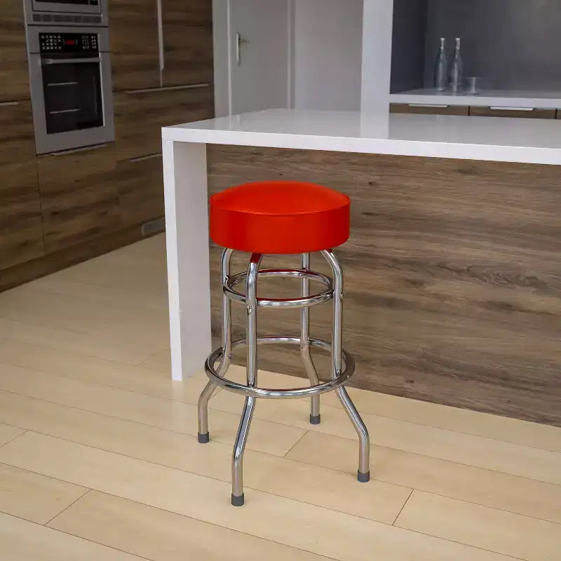 Sgabello da bar per sala da pranzo cromato con doppio anello, senza schienale, stile retrò – Stile ristorante