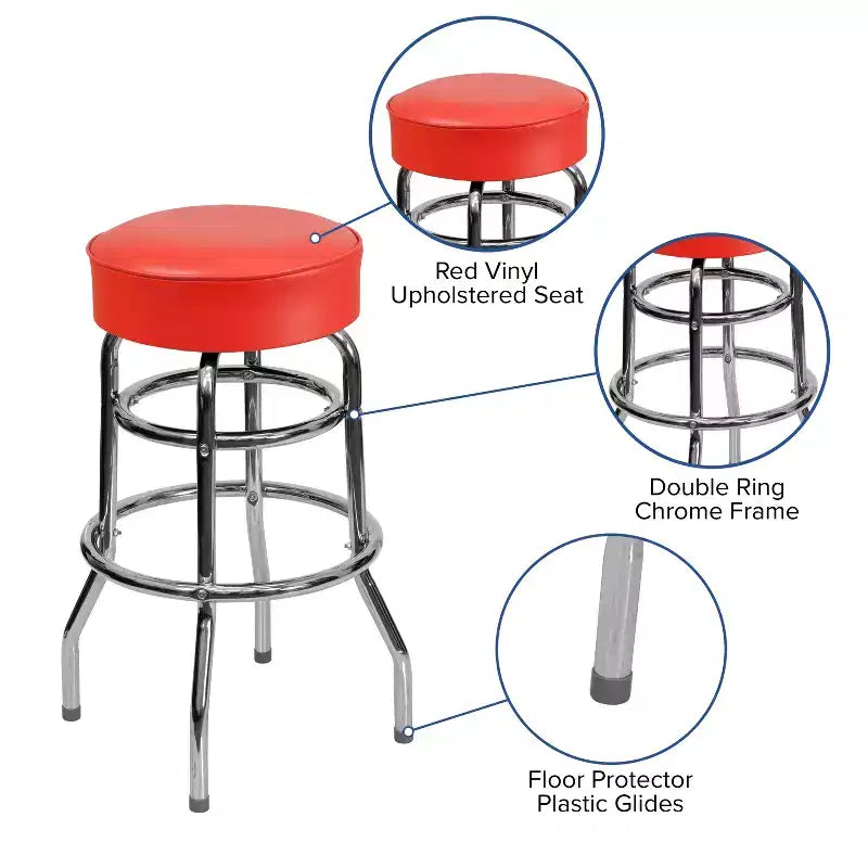 Sgabello da bar per sala da pranzo cromato con doppio anello, senza schienale, stile retrò – Stile ristorante