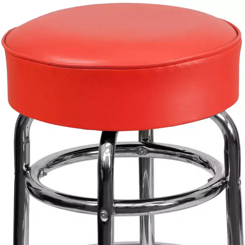 Sgabello da bar per sala da pranzo cromato con doppio anello, senza schienale, stile retrò – Stile ristorante