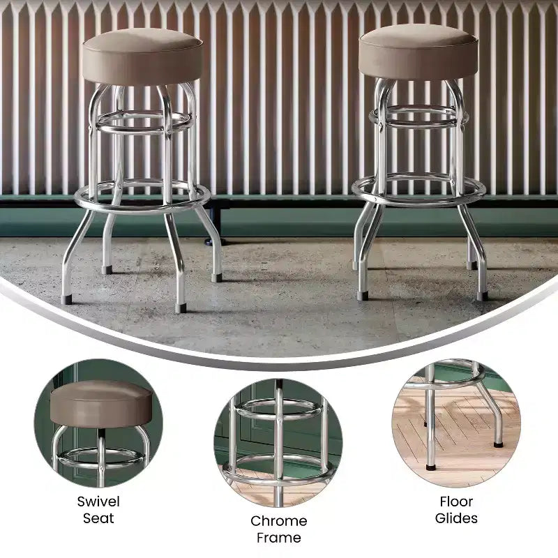 Sgabello da bar per sala da pranzo cromato con doppio anello, senza schienale, stile retrò – Stile ristorante