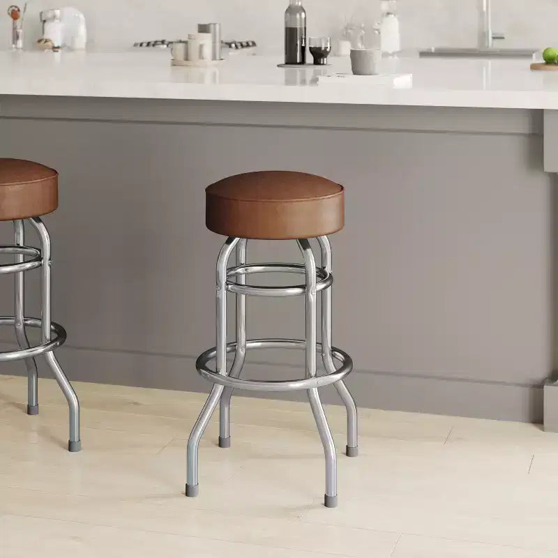 Sgabello da bar per sala da pranzo cromato con doppio anello, senza schienale, stile retrò – Stile ristorante