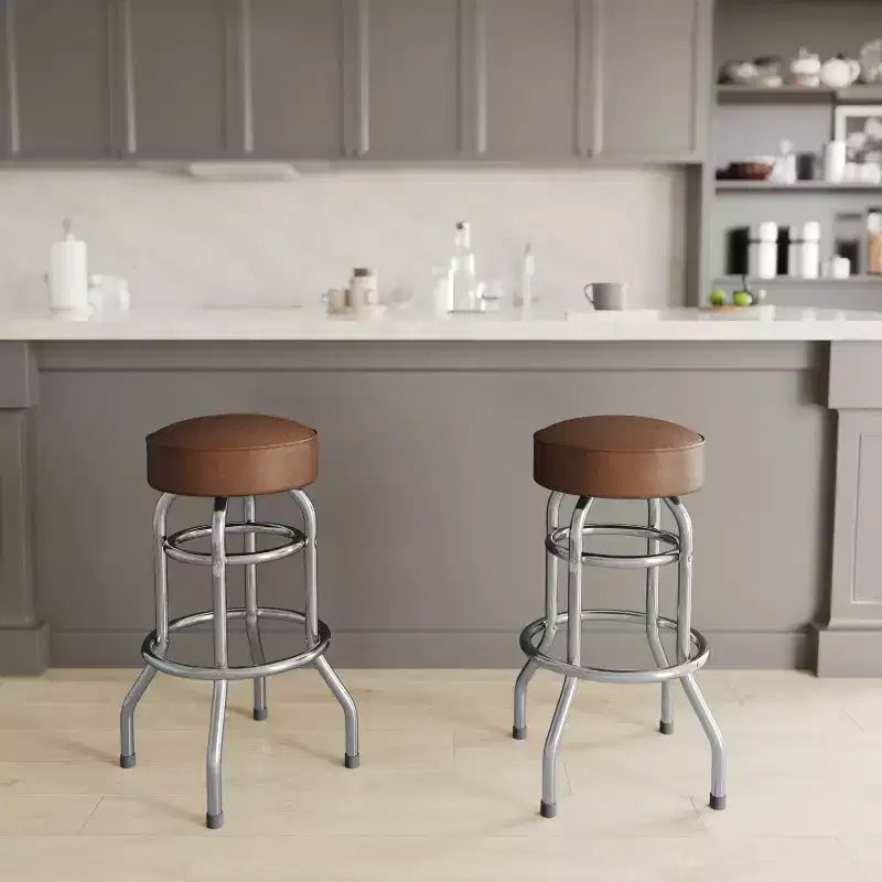 Sgabello da bar per sala da pranzo cromato con doppio anello, senza schienale, stile retrò – Stile ristorante