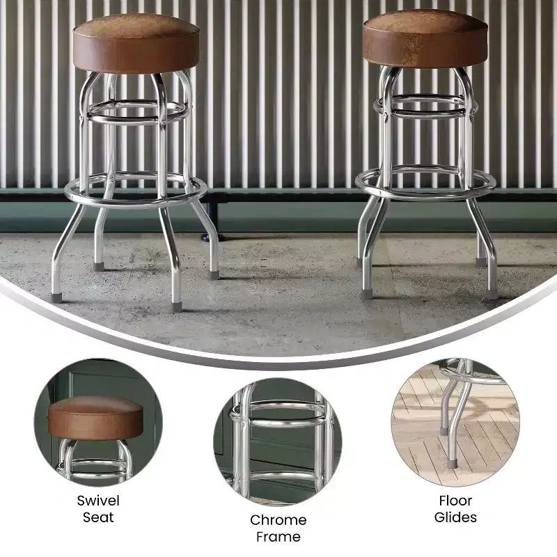Sgabello da bar per sala da pranzo cromato con doppio anello, senza schienale, stile retrò – Stile ristorante