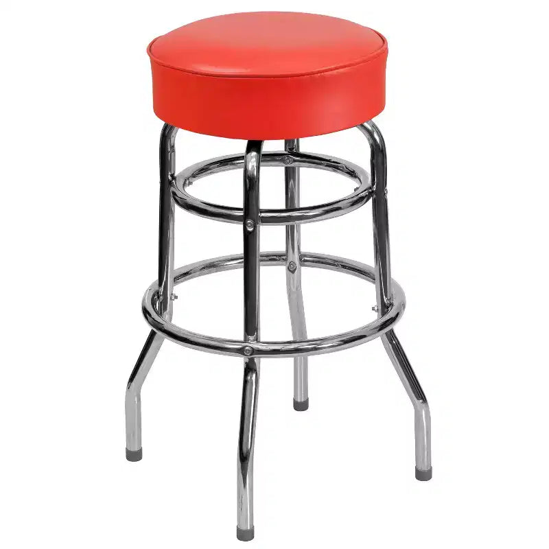 Sgabello da bar per sala da pranzo cromato con doppio anello, senza schienale, stile retrò – Stile ristorante