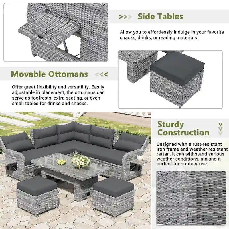 Set da esterni in rattan con tavolo regolabile, poltrone reclinabili e 2 pouf