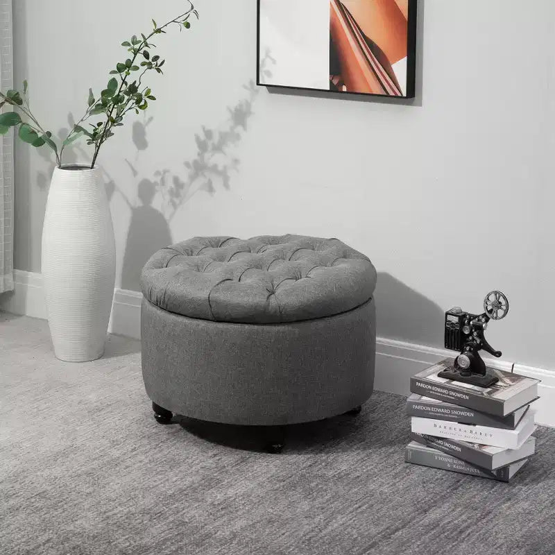Rubberwood Linen Round Storage Ottoman with Removable Lid Gray 24.75''x16''