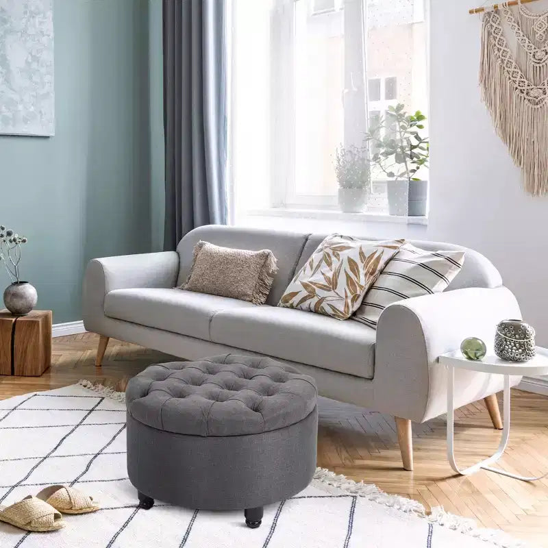 Rubberwood Linen Round Storage Ottoman with Removable Lid Gray 24.75''x16''