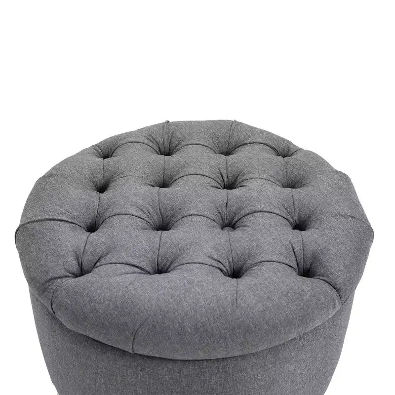 Rubberwood Linen Round Storage Ottoman with Removable Lid Gray 24.75''x16''