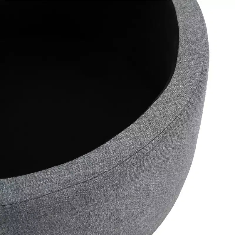 Rubberwood Linen Round Storage Ottoman with Removable Lid Gray 24.75''x16''