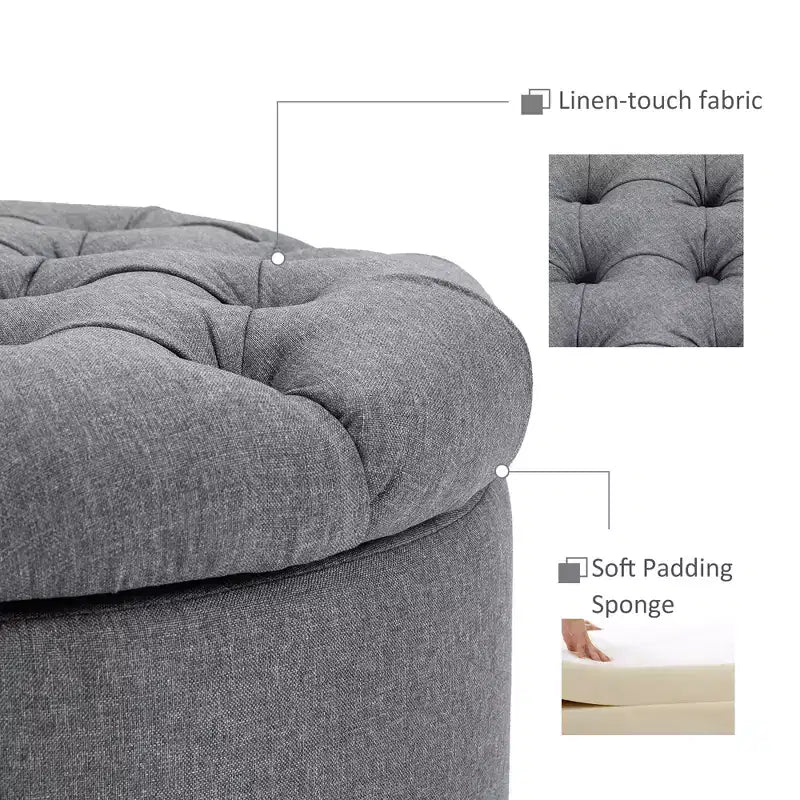 Pouf rotondo contenitore in lino e legno di gomma con coperchio rimovibile grigio 24,75''x16''