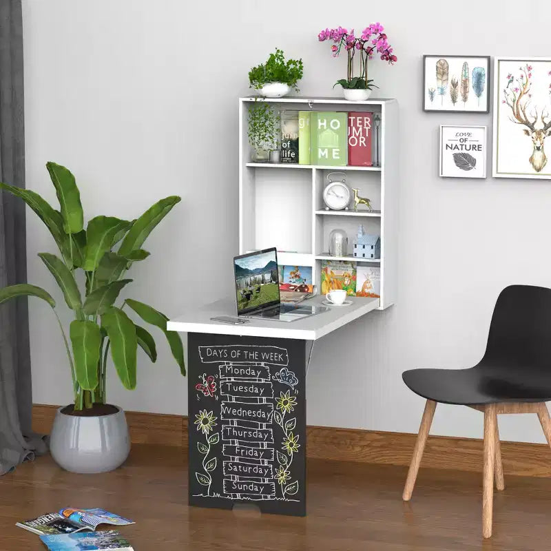 MDF Wall-Mounted Foldable Desk with Blackboard and Shelves White 34.75''x57.75''