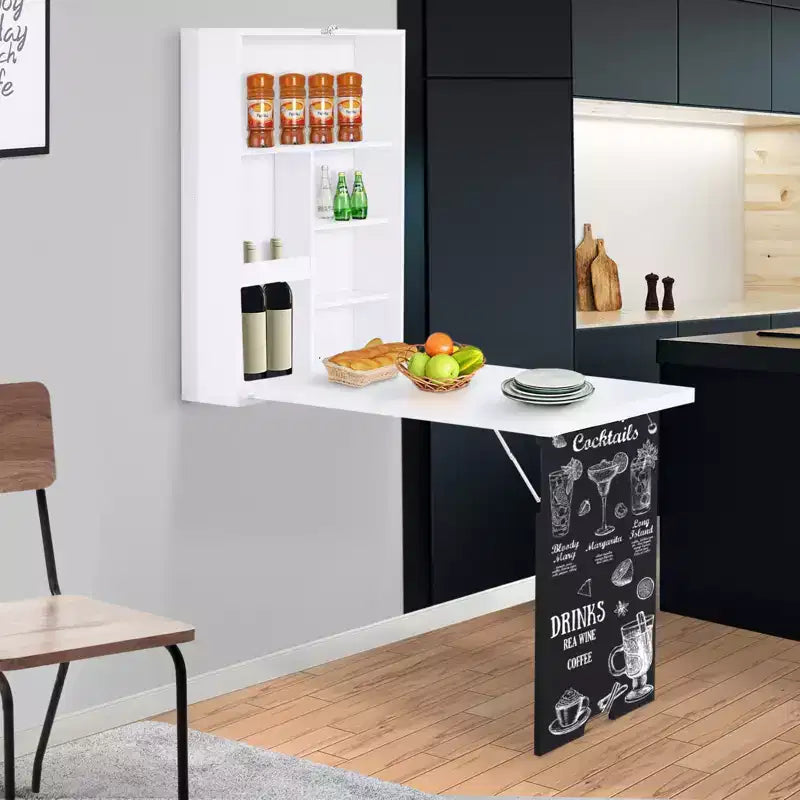 MDF Wall-Mounted Foldable Desk with Blackboard and Shelves White 34.75''x57.75''